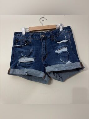 KanCan Dark Blue Distressed Rolled Hem Denim Shorts